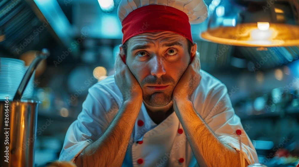 Stressed chef in a busy kitchen, wearing a white uniform and a red headband, contemplative expression, under warm lighting.