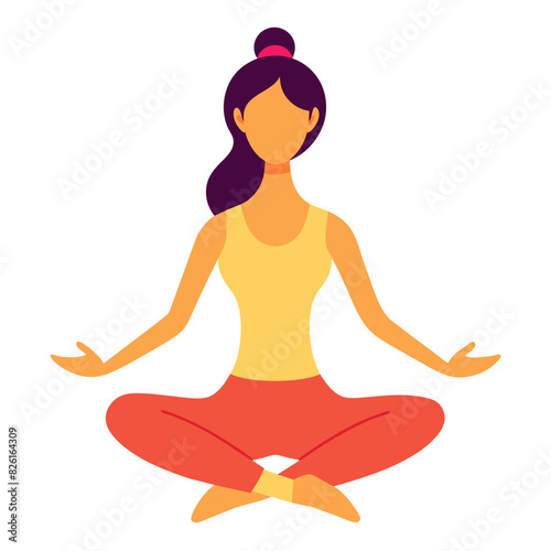 A woman is sitting crosslegged in a lotus position with her arms by her sides