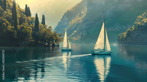 Whimsical teal-colored sailboats gliding across a serene lake, embodying peaceful leisure.