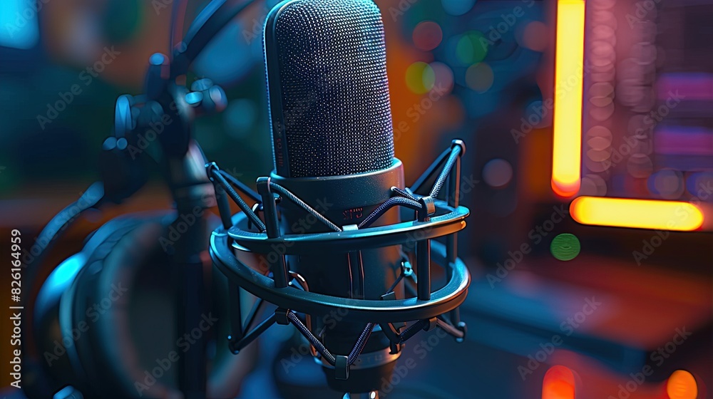 A close shot of microphone and headphone for podcast with a neon light backdrop A close shot of microphone and headphone for podcast with a neon light backdrop