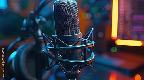 A close shot of microphone and headphone for podcast with a neon light backdrop  