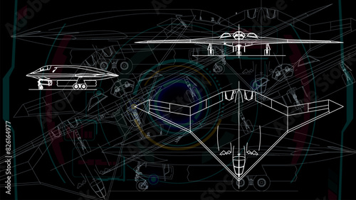 The sketch drafting of jet fighter. Line art background wallpaper.