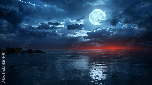 night sky with moon  A serene full moon setting over a calm body of water