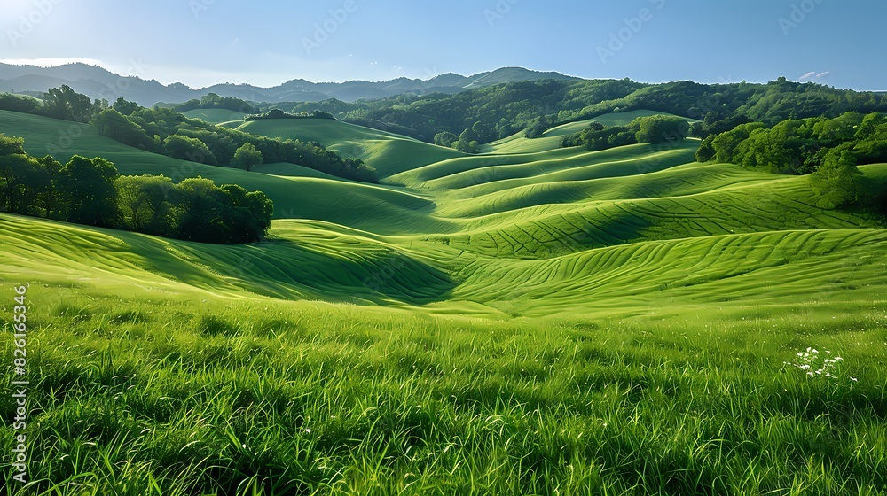 A serene green landscape featuring rolling hills covered in lush grass, with a clear blue sky overhead