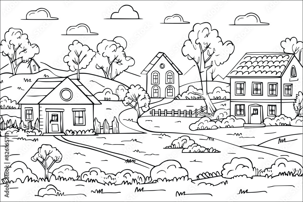 Obraz premium Coloring page of a village house with a forest, Black and white coloring book for children