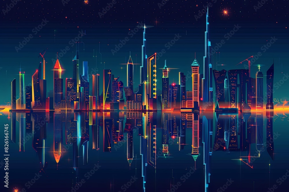 A city skyline with bright lights reflecting in the water, creating a dazzling urban landscape A city skyline with bright lights reflecting in the water, creating a dazzling urban landscape