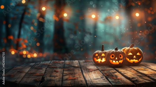 Three decorative Halloween pumpkins are placed on a rustic wooden table