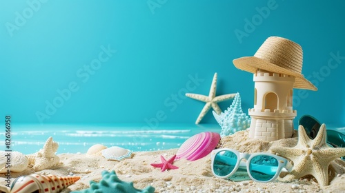 Beach scene with sandcastle, starfish, seashells, sunglasses, and a straw hat, with space for copy, representing a fun summer vacation. photo
