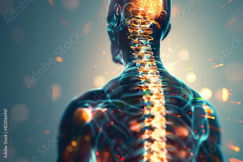 Spinal cord, close up, detailed segments, Double exposure silhouette with posture alignment