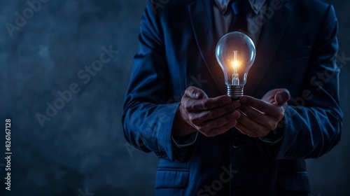 Businessman holding a glowing light bulb, symbolizing innovation and new ideas in business.