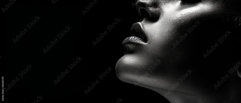 Monochrome Portrait with Dramatic Lighting and Close-Up Texture, Abstract Art in Black and White, Intense Emotion on Dark Background, Copy Space