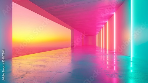 Futuristic interior with neon gradient lighting in shades of pink, lime green, and electric blue