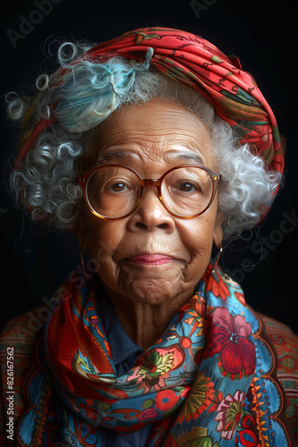 Portrait of African American elderly woman with curled gray hair and glasses. photo