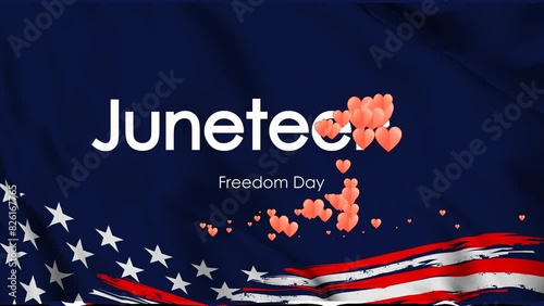 Juneteenth Freedom Day text Animation with a sprinkle of hearts effect on a waving american flag background.  4K Video Recording. photo