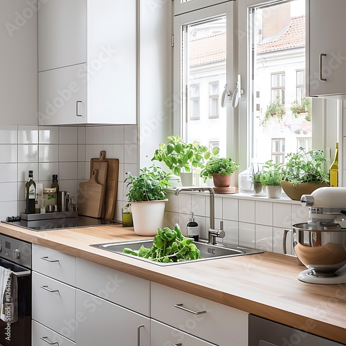 Scandinavian Kitchen  A minimalist kitchen with white cabinets  wooden countertops  stainless steel appliances  and fresh herbs on the windowsill