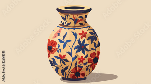 Old ceramic vase. Floral wooden cartoon vessel Cartoon