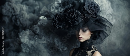 Woman in Black Dress with Hat and Flowers, Mysterious Surreal Scene, Artistic Fashion and Smoke