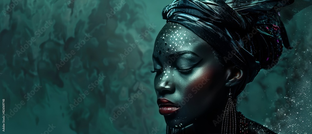 Exotic Portrait of Woman with Beads and Dark Headdress, Copy Space Exotic Portrait of Woman with Beads and Dark Headdress, Copy Space