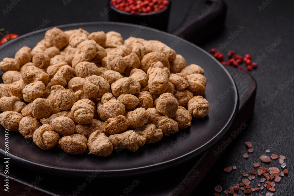 Dry soybean meat pellets, diet food for vegan and vegetarian cuisine Dry soybean meat pellets, diet food for vegan and vegetarian cuisine