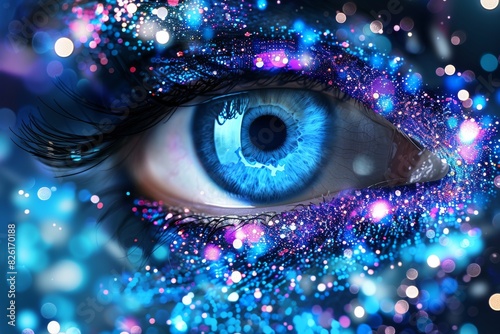 Artistic depiction of a blue eye covered in glitter and sparkles, combining elements of fantasy and surrealism in a dark setting photo