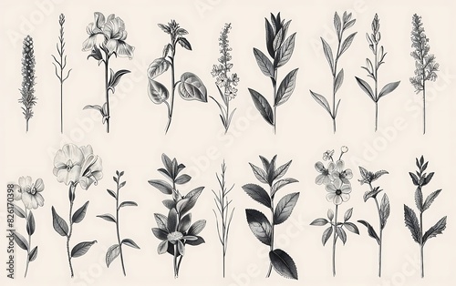 Wallpaper Mural A group of flowers with leaves . white background Torontodigital.ca