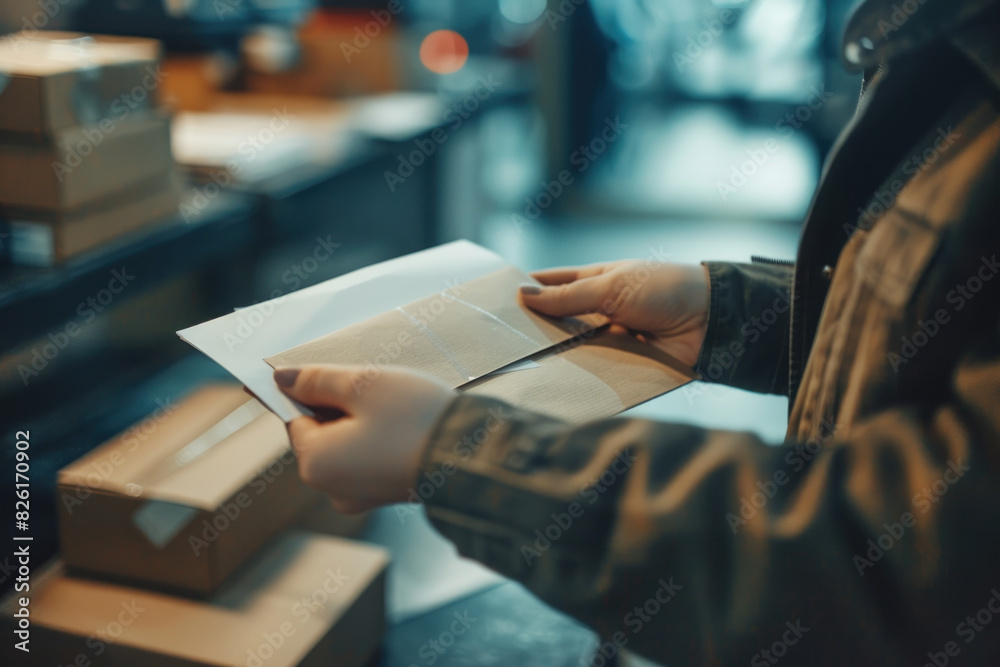 employee's hands opening mail or packages in an office employee's hands opening mail or packages in an office