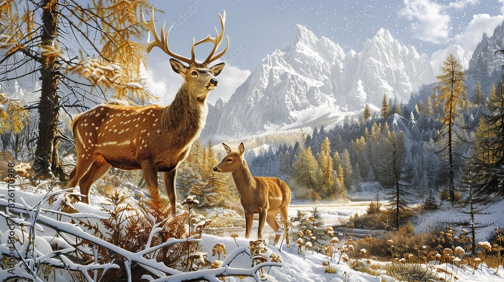 Wild animals deer and doe, forest, snowy pine trees, mountain. Generative Ai Wild animals deer and doe, forest, snowy pine trees, mountain. Generative Ai