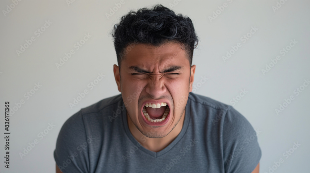 Young Man Expressing Anger with Shouting Face in Studio Portrait Wearing Gray T-Shirt Young Man Expressing Anger with Shouting Face in Studio Portrait Wearing Gray T-Shirt