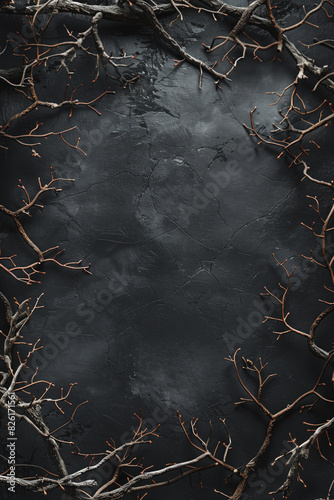 Gothic dark fantasy backdrop framed by dry branches, thorns, ivy. Old worn black grunge background bordered with horror dry branches and thorns. Medieval cinematic fantasy concept.