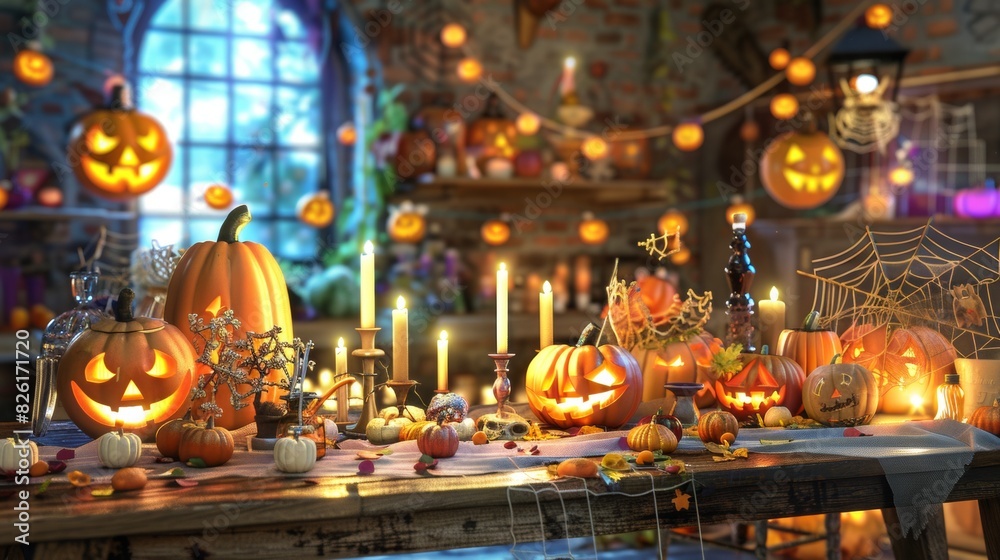Fototapeta premium Table decorated with pumpkins and candles, giving a festive Halloween vibe
