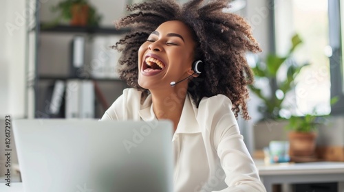Call center agent and her female colleague communicating while working in the office, happy excited expressions, joy of success, 4k HD wallpaper, background, generated by AI，Excited Call Center Agents photo