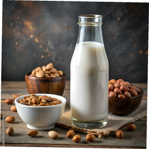 bottle and glass of milk with nuts