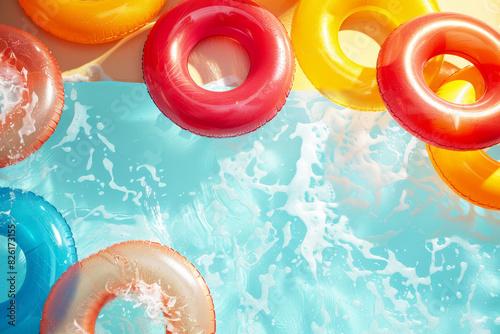 Poolside bliss with a display of inflatable swim rings, offering a slice of summertime serenity. Crystal clear pool water with inflatable toys
