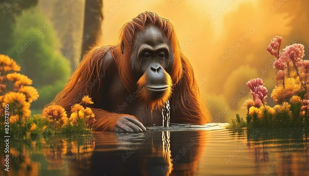 An orangutan in the water An orangutan in the water