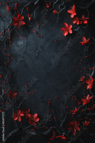 Gothic dark fantasy backdrop bordered with dry branches, thorns, ivy, and red flowers. Worn old grunge black background framed by horror dry branches and thorns. color pop contrast