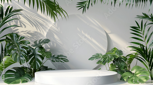 White podium stage on sandy beach for product presentation with palm leaves and white wall background,nature fresh leaf wallpaper garden,A modern Podium with nature tropical plans background
