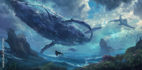 Witness the majesty of the Whale Guardian Realm, a fantasy sea where colossal . Generative Ai