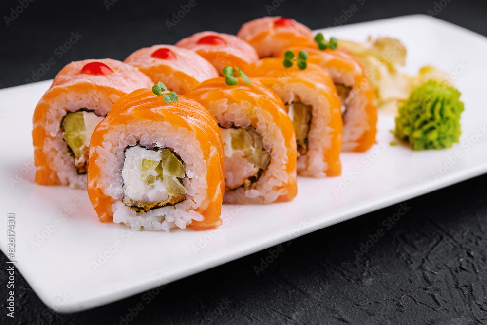 Fresh salmon sushi roll platter Fresh salmon sushi roll platter