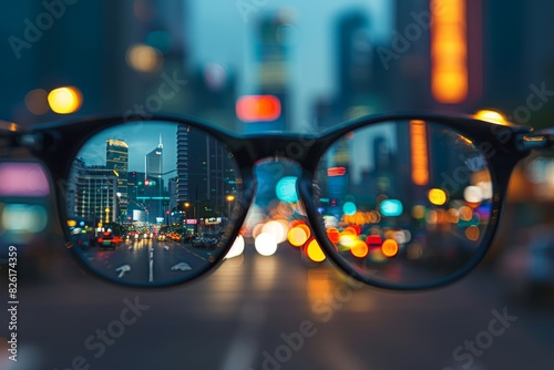 Urban scene with blurred lights viewed through eyeglasses, emphasizing clarity and focus amidst a vibrant cityscape at night © Leo