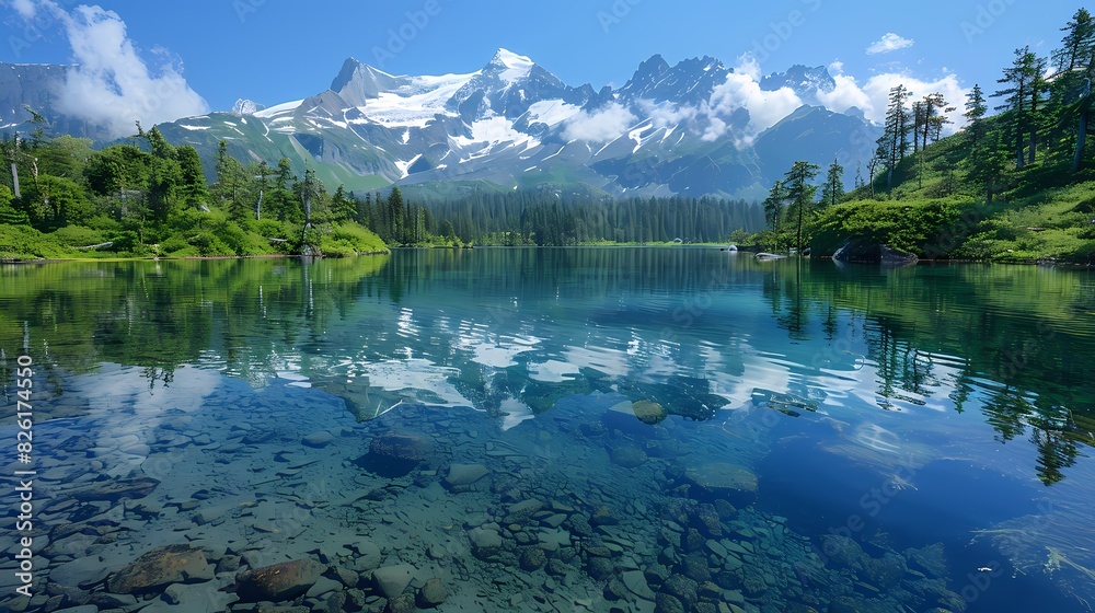 A serene mountain lake surrounded by lush green forests, with the reflection of snow-capped peaks shimmering on its crystal-clear surface