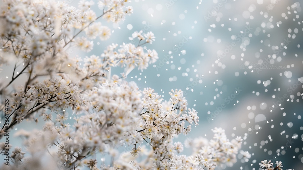 : A stunning visual of a snow-dusted spring tree in full bloom, the delicate flowers and white snowflakes creating a beautiful contrast of seasons.