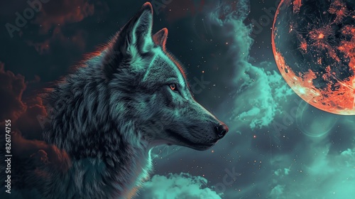 wolf  planet  stars Fantasy landscape. Generative Ai