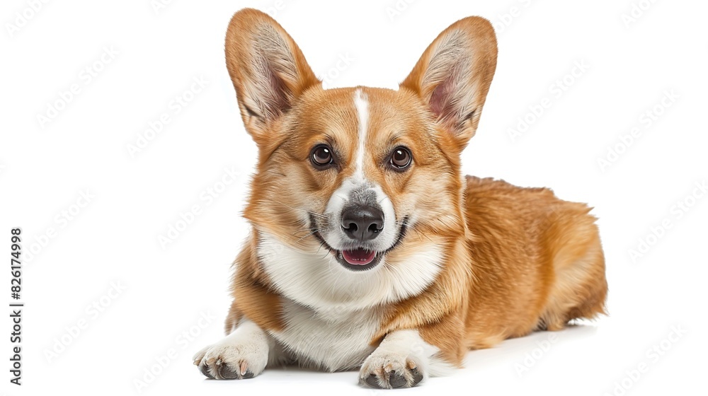 young Pembroke Welsh Corgi in front of white background . Generative Ai