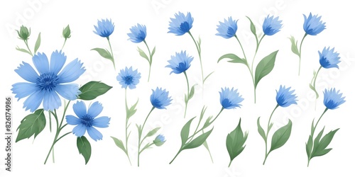Set of blossom and leaf elements of watercolor blue hydrangea bouquet and butterfly. Ai generate