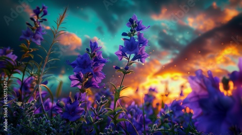 : An enchanting scene of purple flowers basking in the golden light of a sunset, with the sky ablaze in vibrant colors.