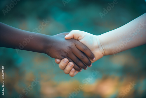 Two children, one white and one black, standing and holding hands, focus on their hands, blurred background photo