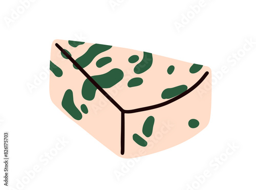 Blue cheese wedge. Moldy roquefort. Gorgonzola, cut triangle piece. Gourmet a...