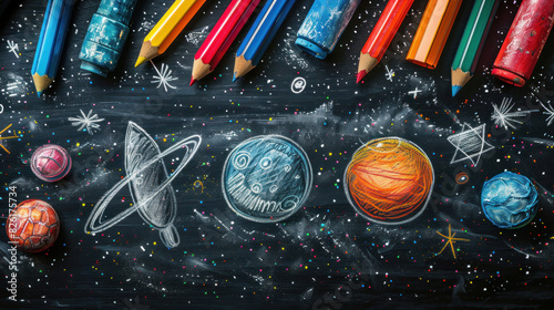 A creative representation of back-to-school excitement, showcasing hand-drawn school supplies on an abstract blackboard background.