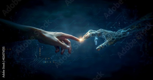Human and Mechanical Hand Reaching Out in a Digital Universe Representing Technological Unity and Future Innovation