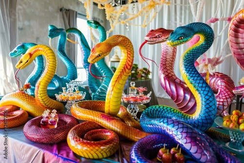 Colorful, decorative snakes intertwined on a banquet table among party treats and accessories photo